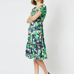 Edan Cotton Print Short Sleeve Frill Hem Dress - Green/Multi