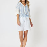 Ivy Cotton Print Tie Front Long Sleeve Shirt - Blue/White