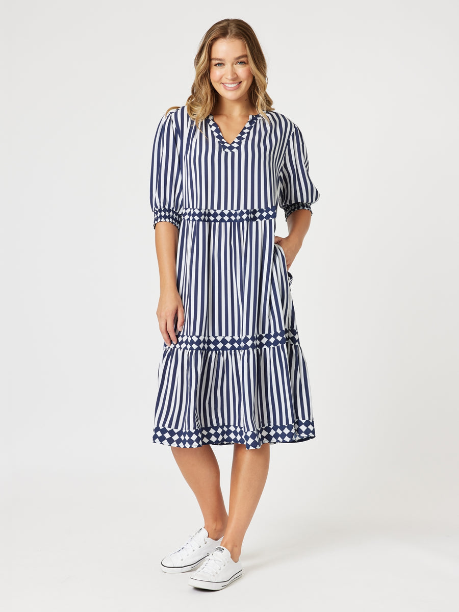 Harlequin Stripe Tier Dress - Navy / White – Threadz