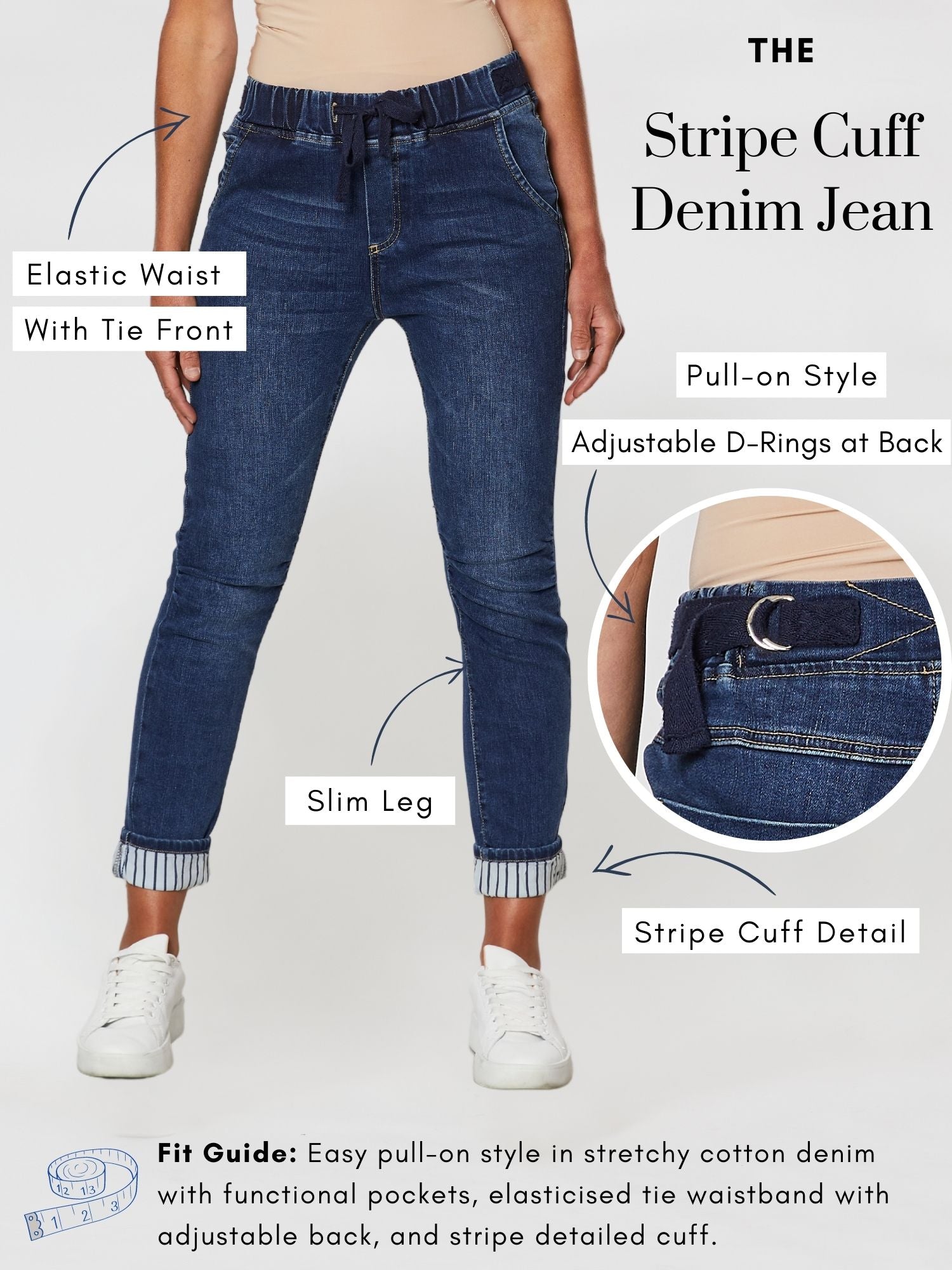 Stripe Cuff Slim Leg Pull On Jean - Denim