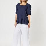 Square Neck Textured Cotton Top - Navy