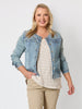 Collarless Frayed Hem Denim Jacket  - Denim