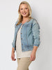 Collarless Frayed Hem Denim Jacket  - Denim