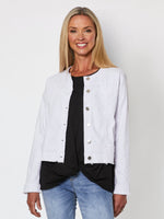 Collarless Frayed Hem Denim Jacket  - White