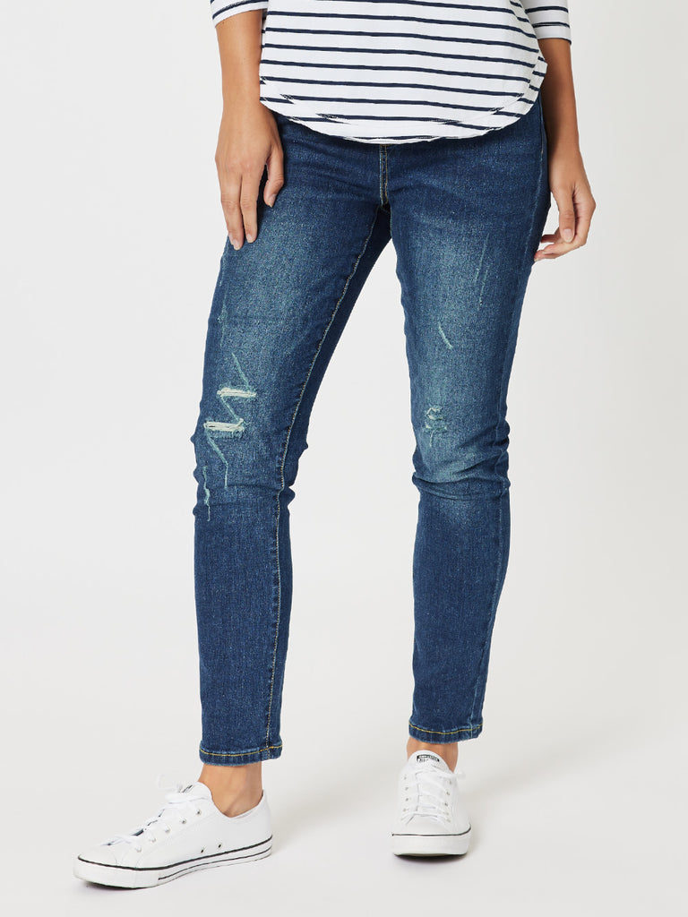 LA Distressed Pull On Stretch Denim Jean Dark Denim – Threadz