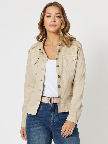 Military Style Denim Jacket - Natural