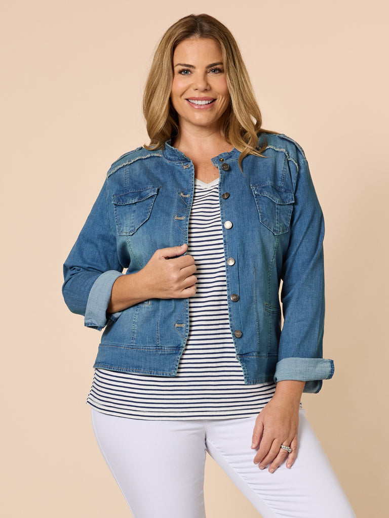 Military Style Denim Jacket - Denim