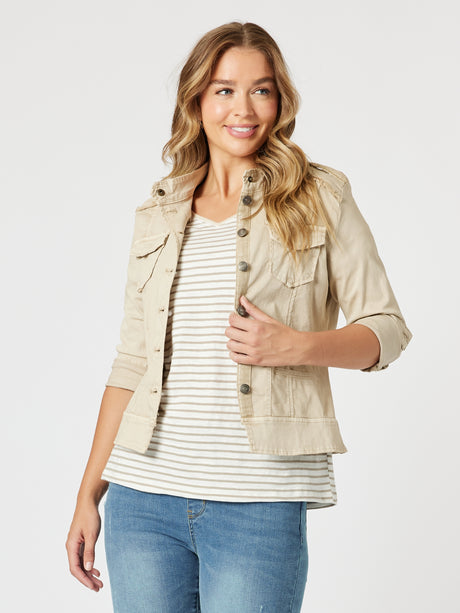 Military Style Denim Jacket - Natural