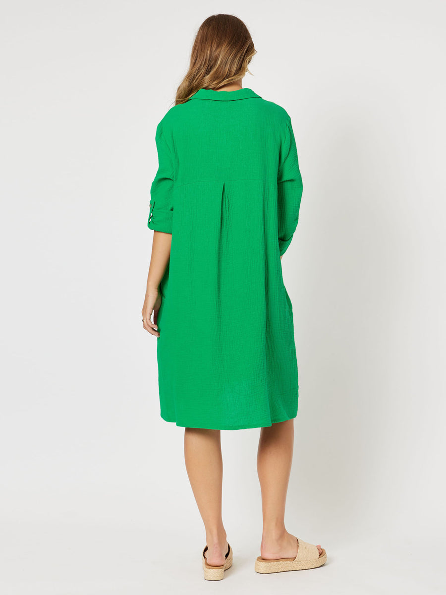 Byron Cotton Tab Sleeve Shirt Dress - Emerald