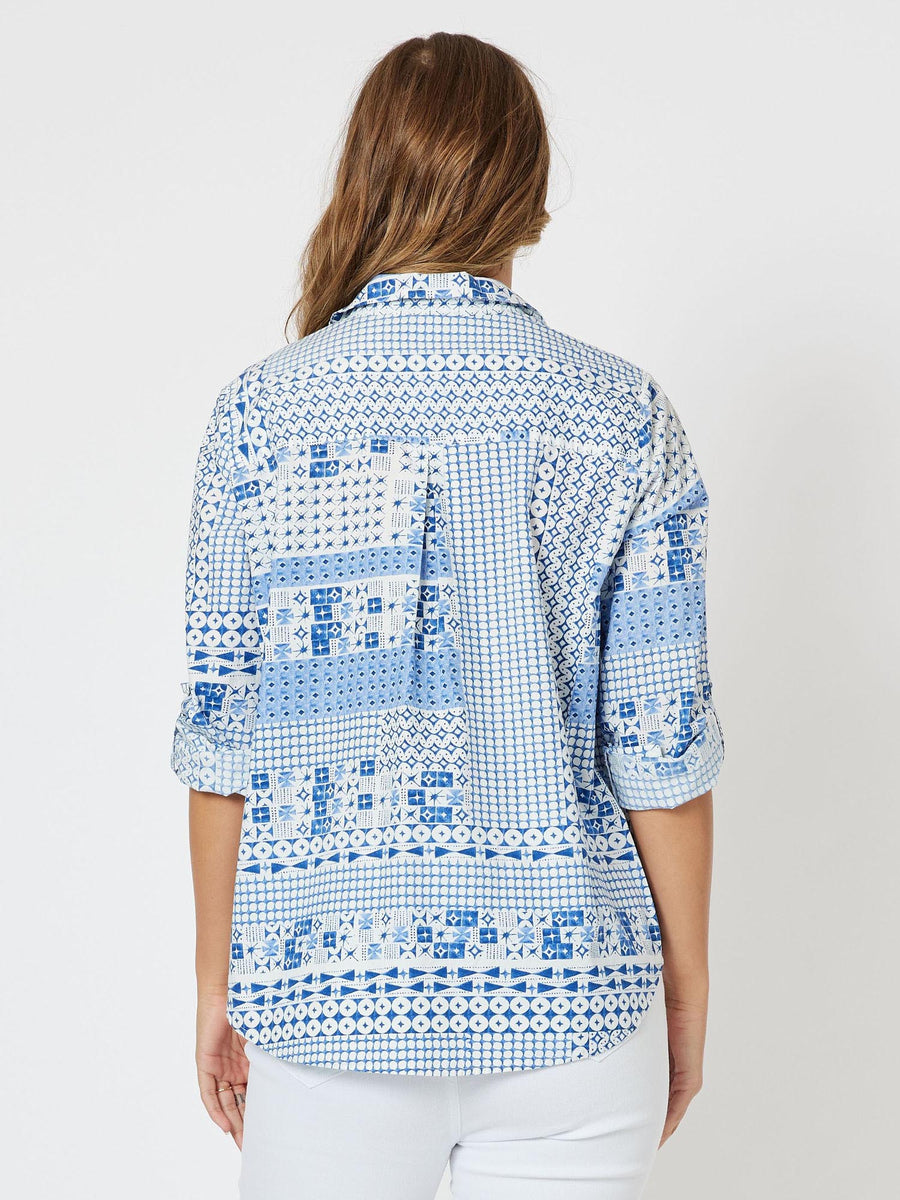 Mosaic Cotton Print Long Sleeve Shirt - Blue