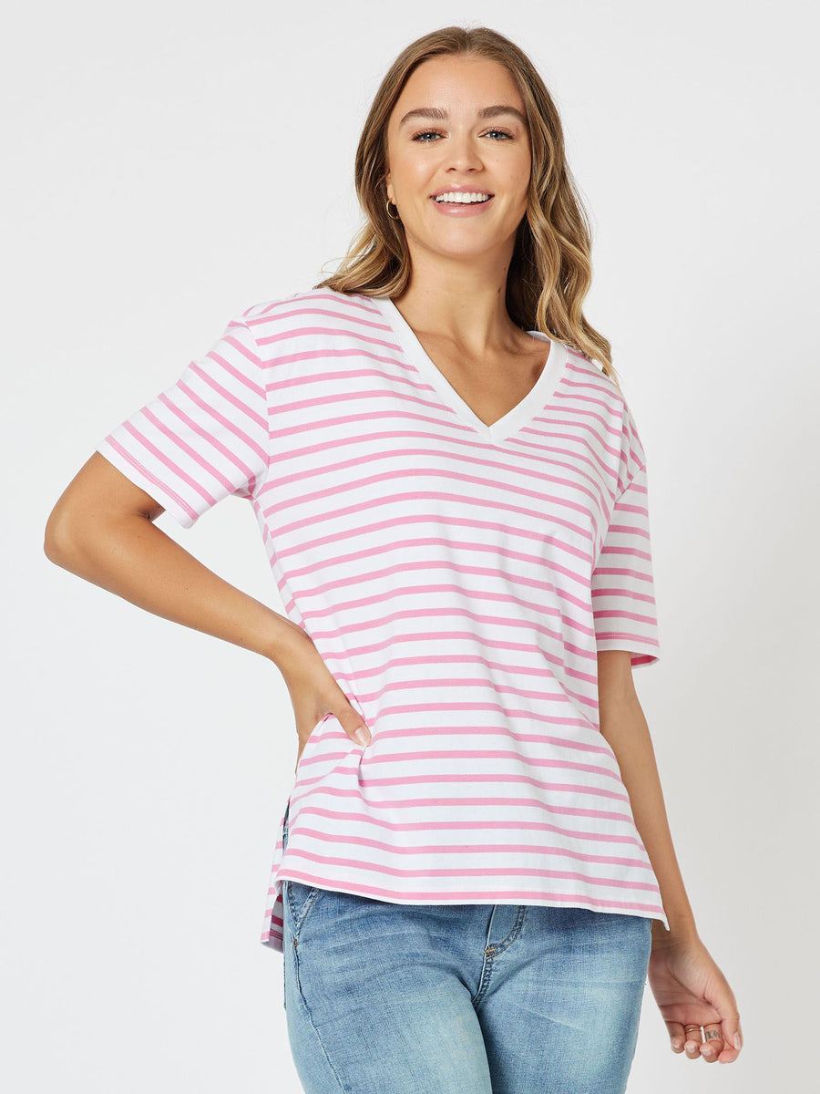 Sailor Stripe V-Neck T-Shirt - Pink