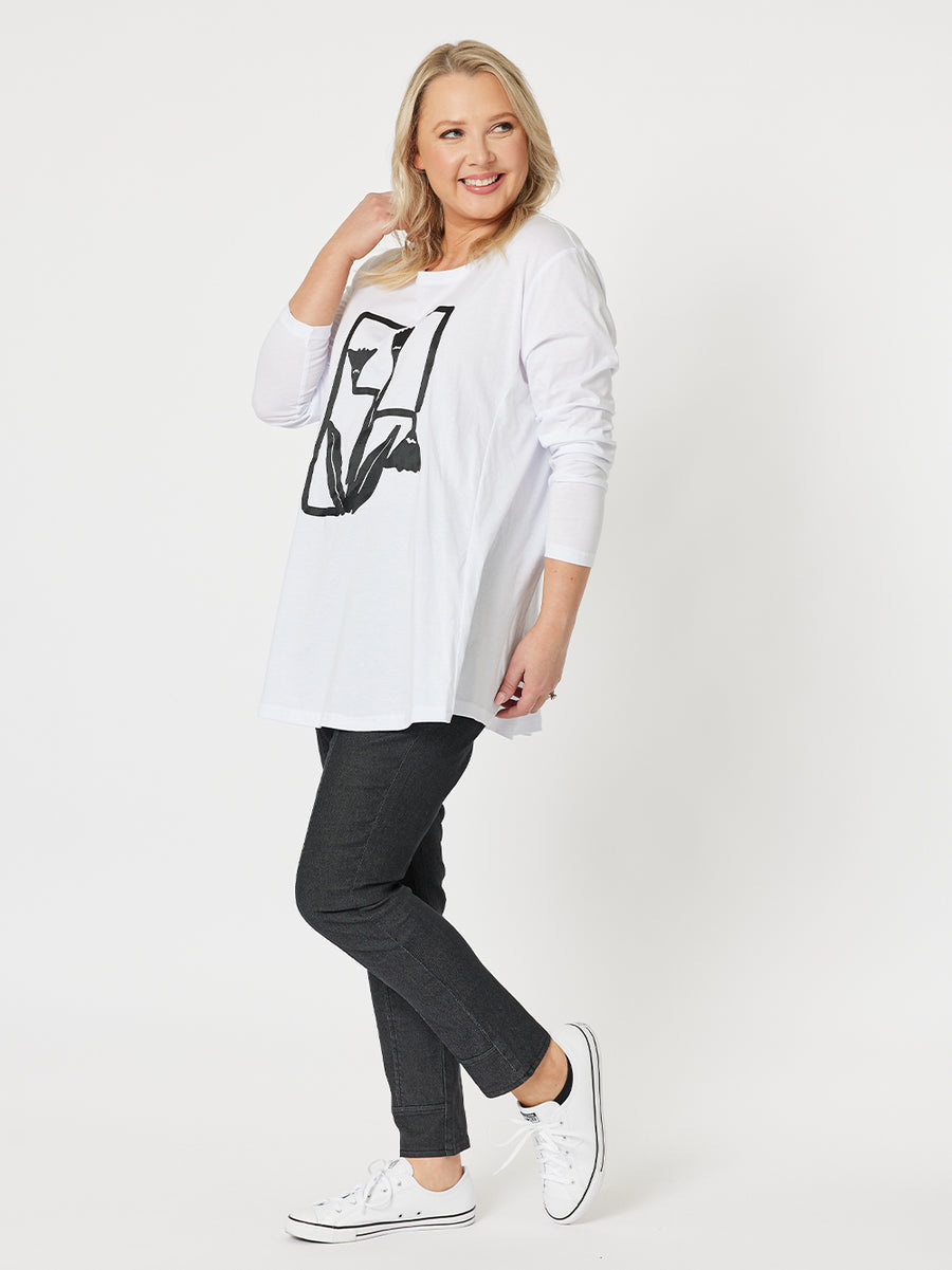 Floral Outline Long Sleeve Top - White
