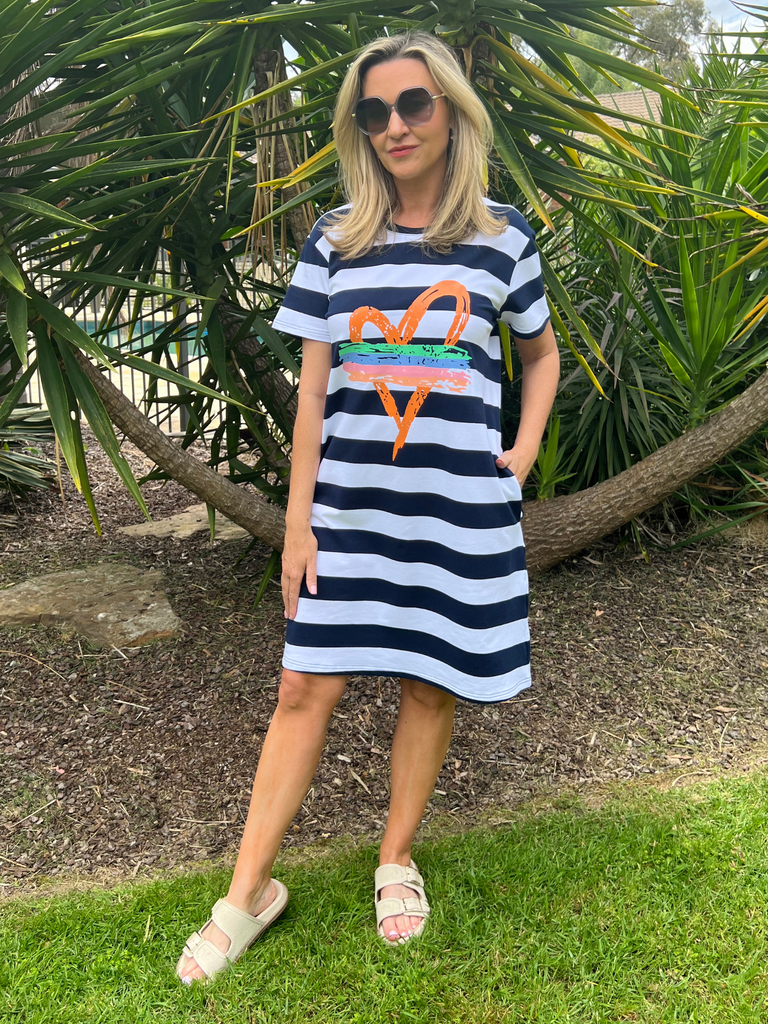Orange Heart Stripe Dress - Navy/White