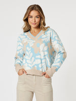 Pasadena V Neck Floral Print Knit - Blue/Natural