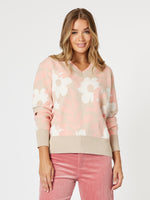 Pasadena V Neck Floral Print Knit - Coral/Natural
