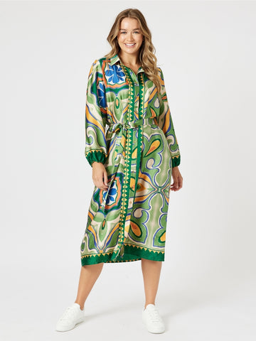 Brooklyn Print Button Dress - Khaki Multi