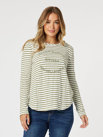 Riviera Stripe Long Sleeve Tee - Khaki/White