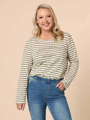 Riviera Long Sleeve Stripe Print Tee - Khaki/White THREADZ