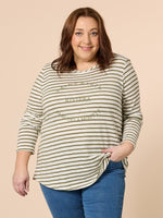 Riviera Stripe Print Long Sleeve Tee - Khaki/White