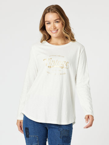 Vintage Long Sleeve Tee - White/Gold