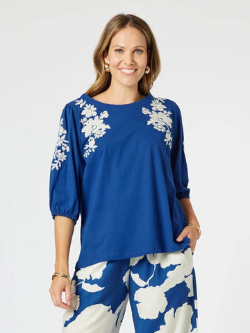 Jill Floral Embroidered Top - Blue