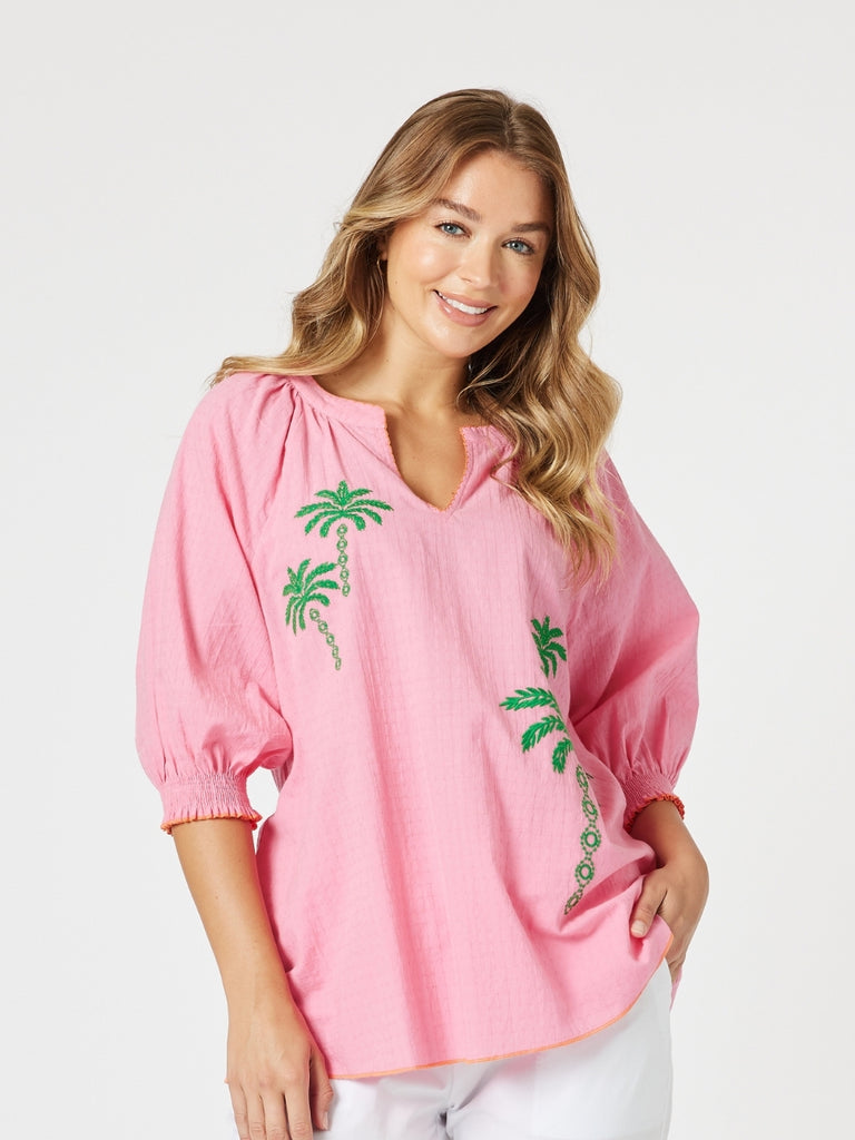 Pina Colada Embroidered Top - Pink Green