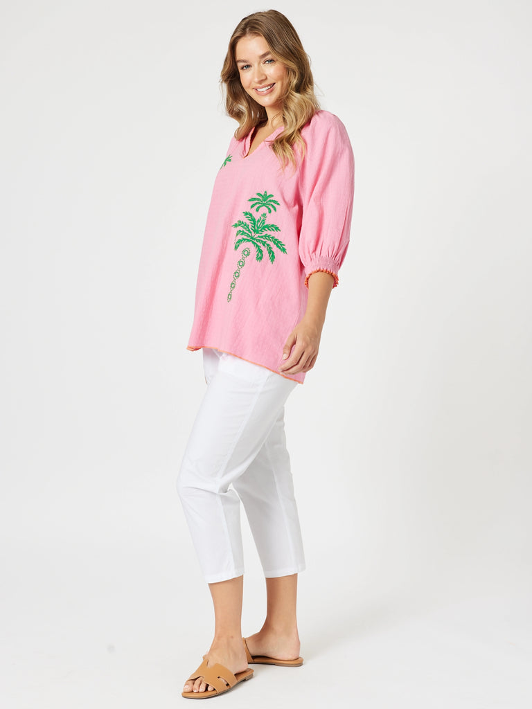 Pina Colada Embroidered Top - Pink Green