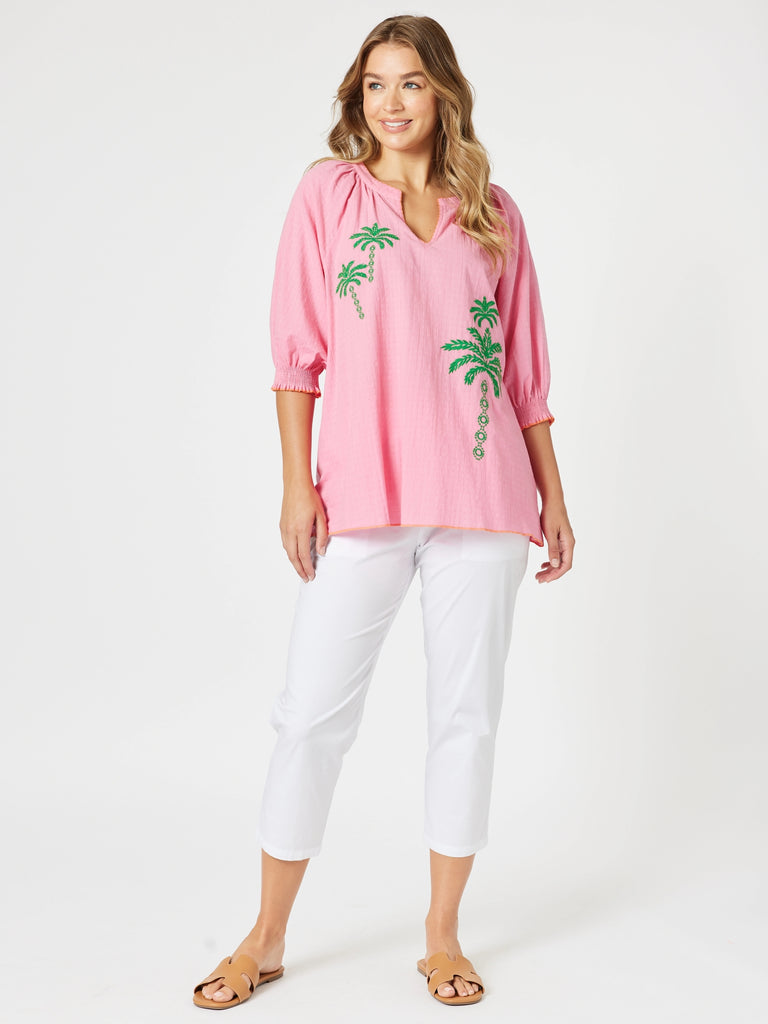 Pina Colada Embroidered Top - Pink Green