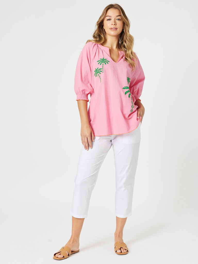 Pina Colada Embroidered Top - Pink Green