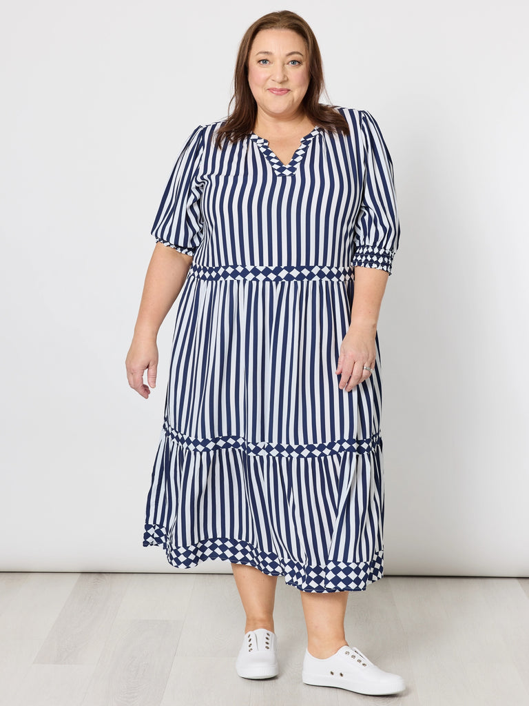 Harlequin Stripe Tier Dress - Navy / White