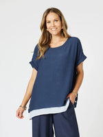 Palma Side Button Layered Top - Navy/White