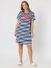 Red Bow Stripe Print Dress - Navy / White