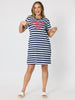 Red Bow Stripe Print Dress - Navy / White