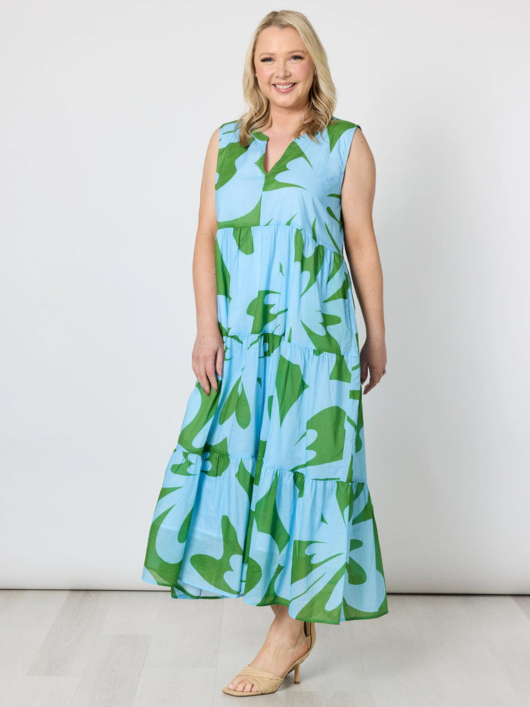 Sienna Floral Midi Dress - Blue Green