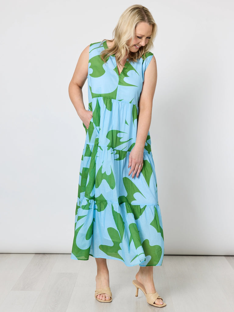 Sienna Floral Midi Dress - Blue Green