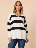 Crew V Neck Stripe Knit - Navy/ Ivory