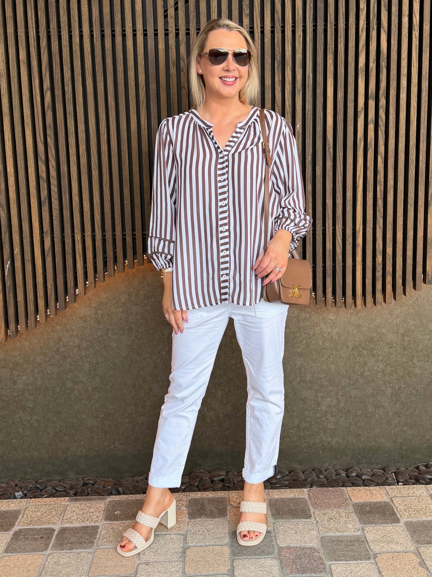 Montecito Stripe Print Top - Coffee White