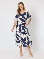 Bay Leaf Print Midi Dress - Navy Multi