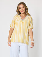 Seaport Stripe Print V Neck Top - Lemon White