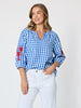 Cove Embroidered Gingham Print Top - Azure White 