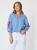 Cove Embroidered Gingham Print Top - Azure White