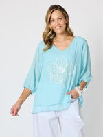 Camellia Floral Print Top - Aqua