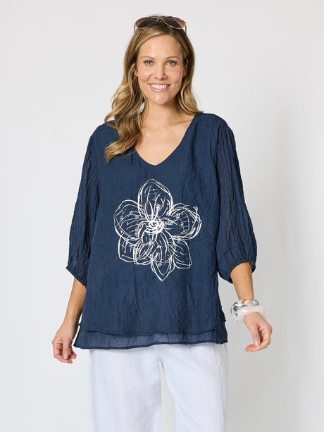 Camellia Floral Print Top - Navy