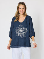 Camellia Floral Print Top - Navy