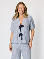 City Stripe Print Bow Top - Navy/White
