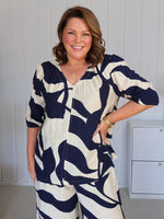 Bay Leaf Print V Neck Top - Navy Multi