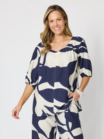 Bay Leaf Print V Neck Top - Navy Multi