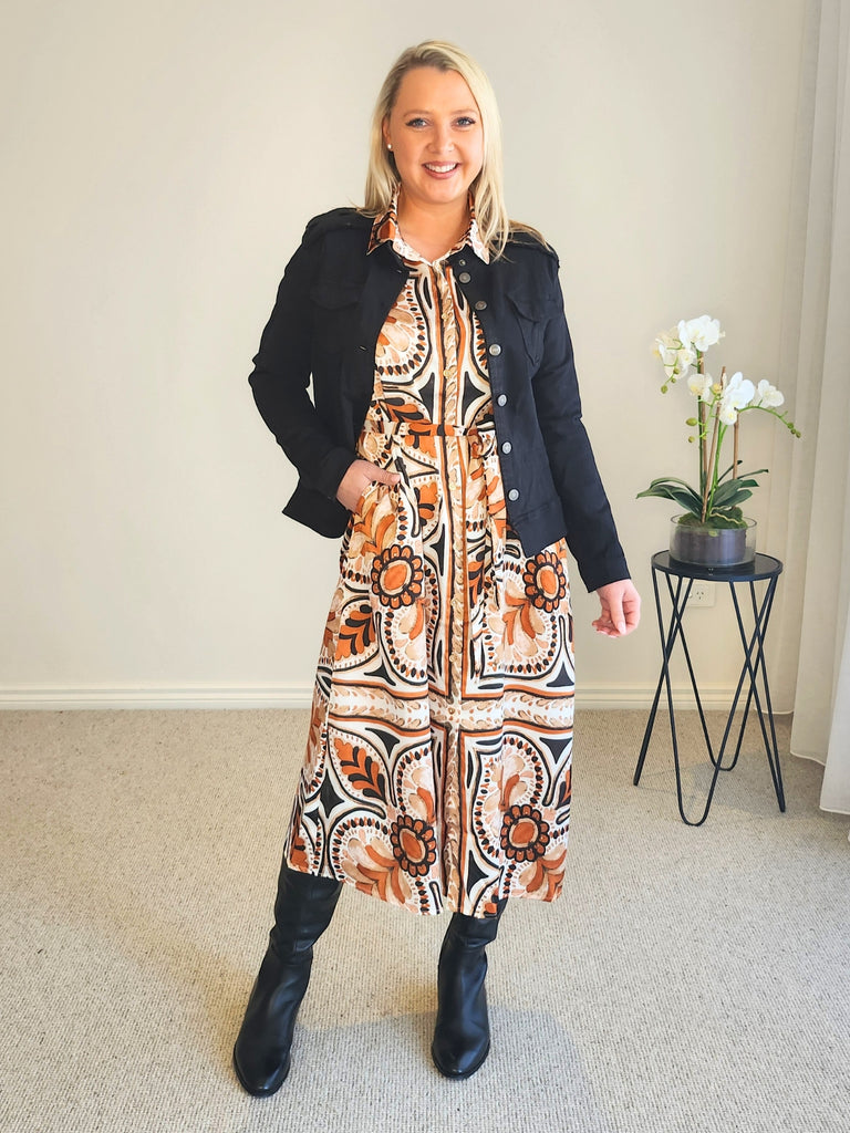 Studio Button Floral Print Dress - Chocolate Multi