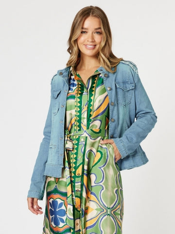 Military Style Denim Jacket - Denim