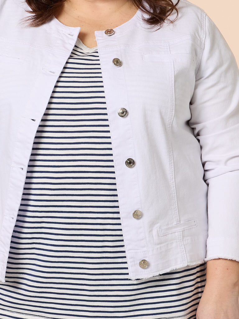 Collarless Denim Jacket - White THREADZ